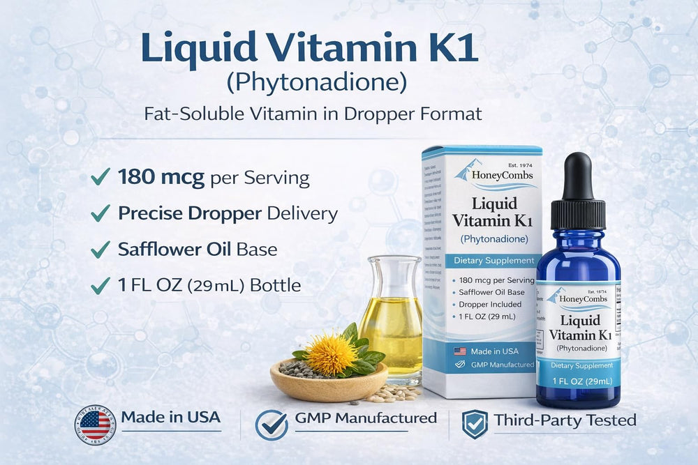HoneyCombs Vitamin K Drops artificial-colors-free base for sensitive users.