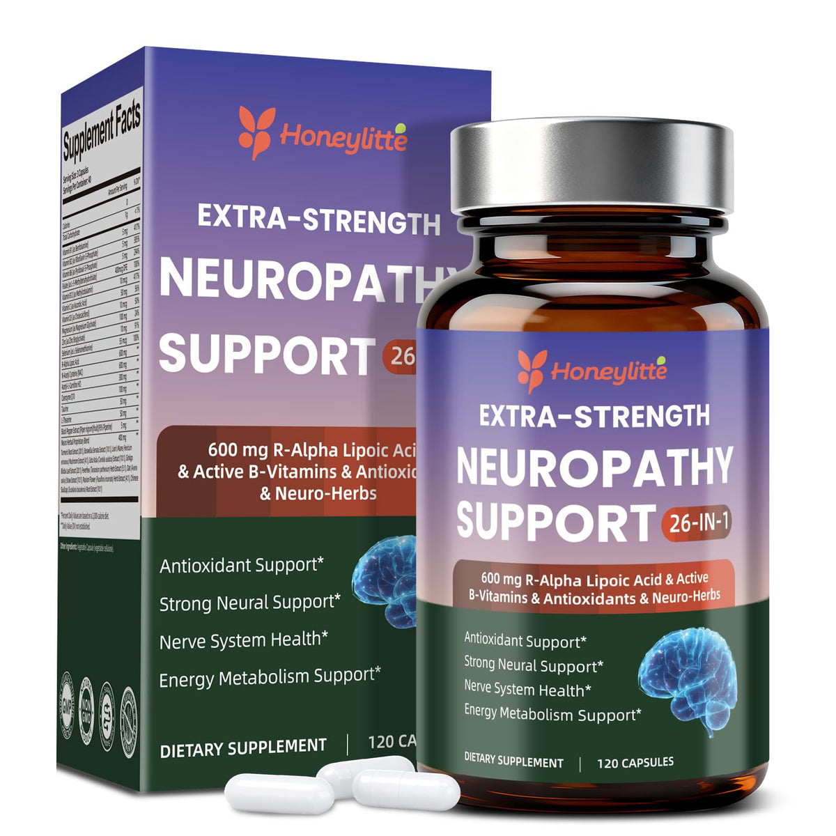 Honeylitte Alpha Lipoic Acid bottle for daily nerve health support.