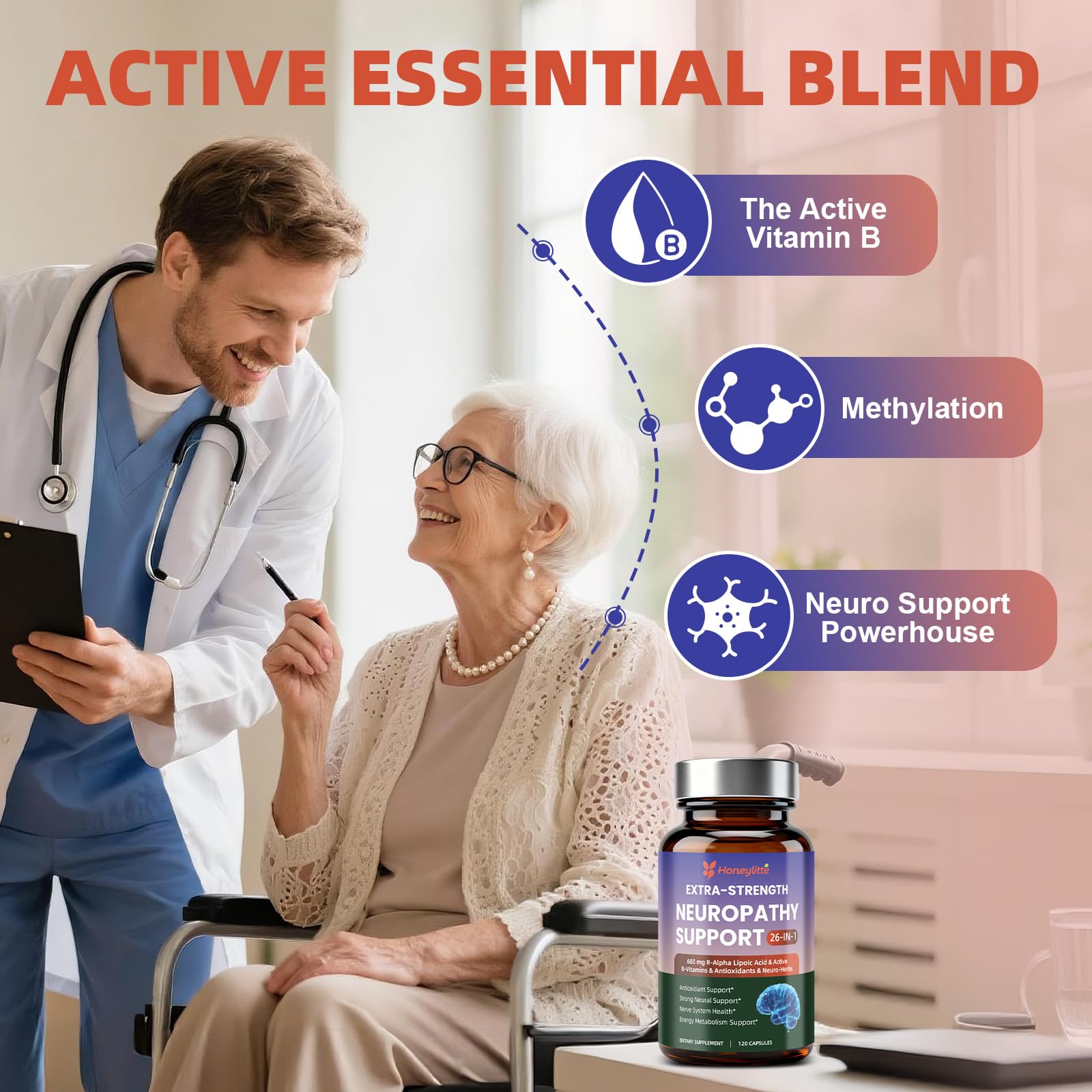 Honeylitte botanicals in capsules scene suggesting nerve and circulation support.