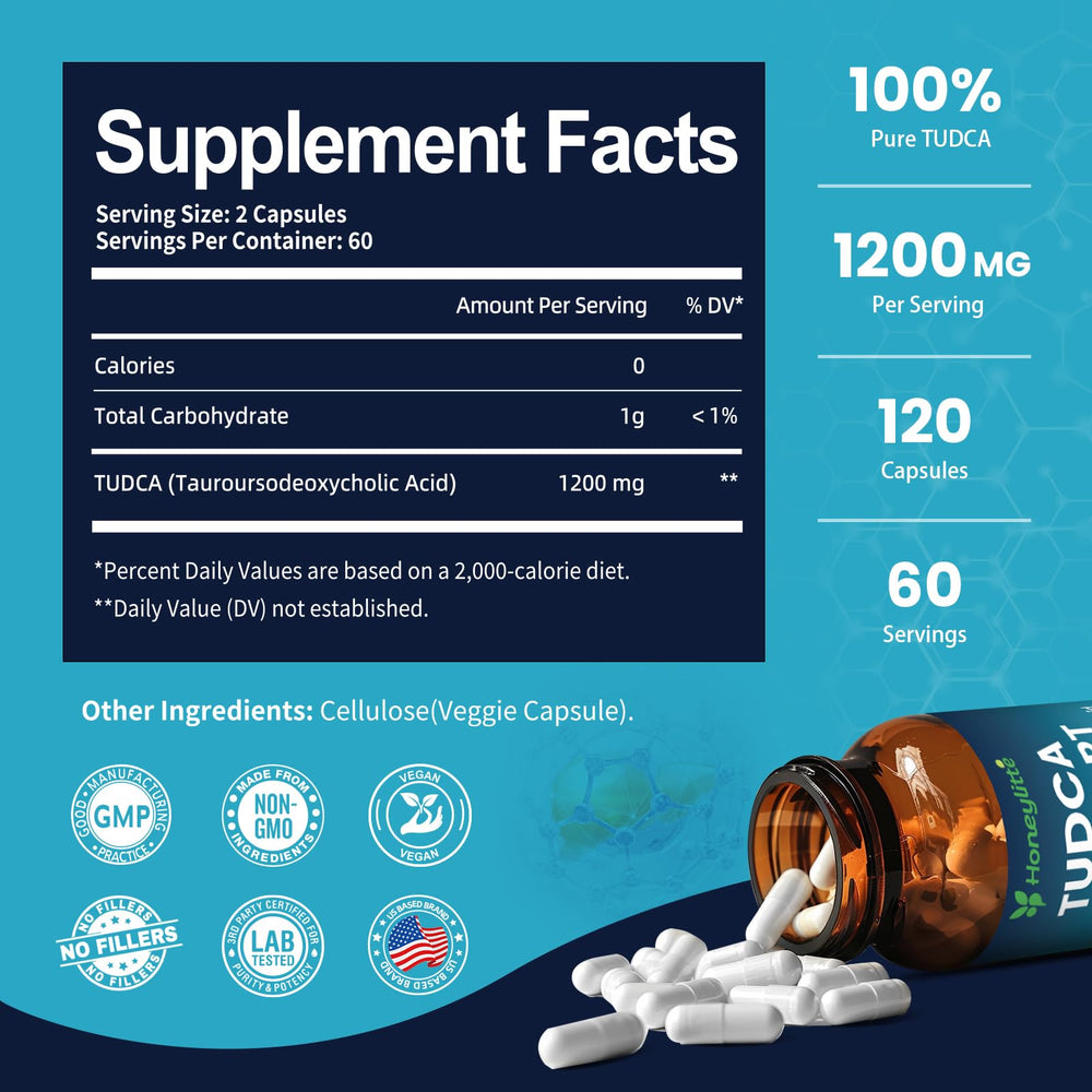 Honeylitte TUDCA 1200mg ingredient list showcases pure TUDCA formulation