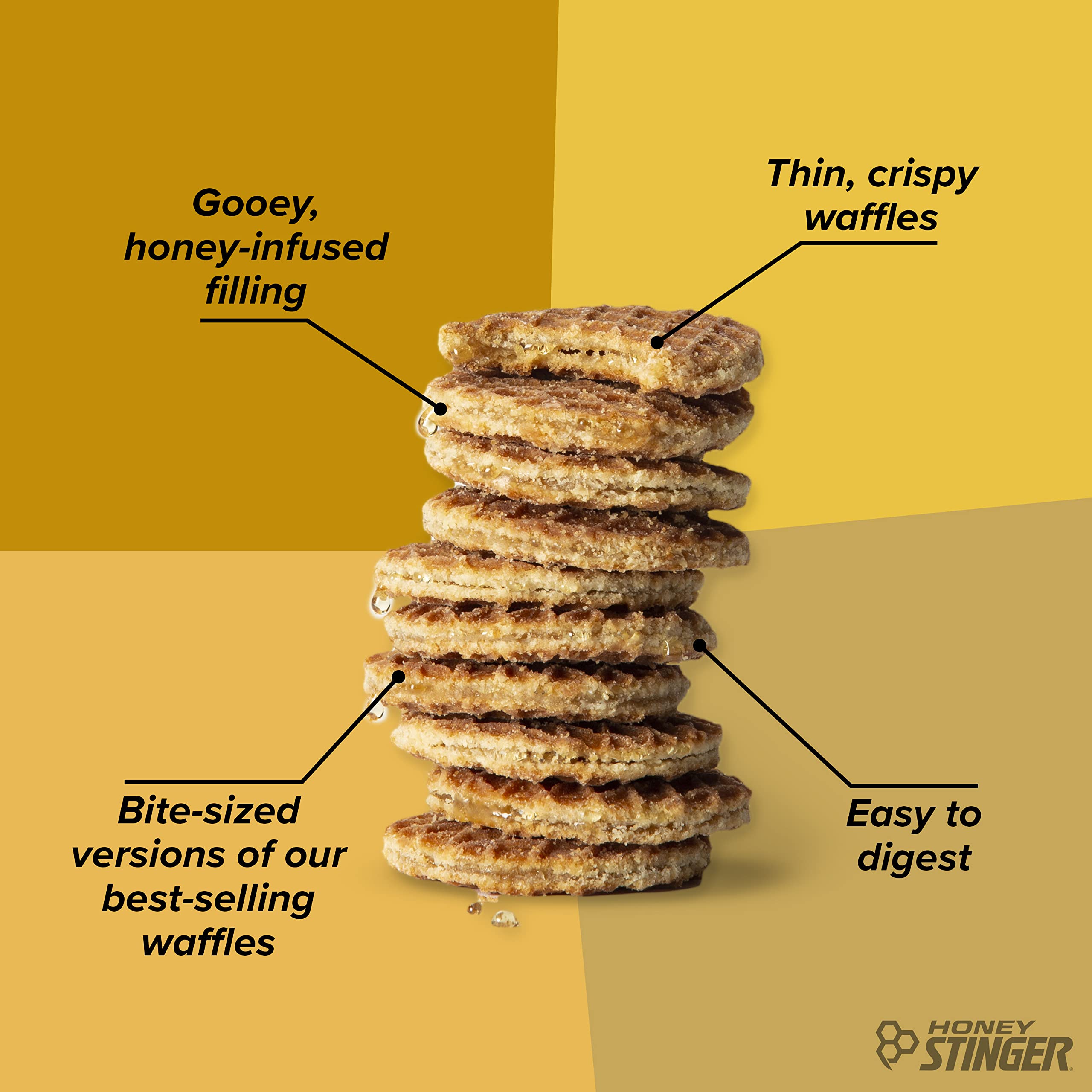 Honey Stinger cross-section view shows honey filling between thin waffles.