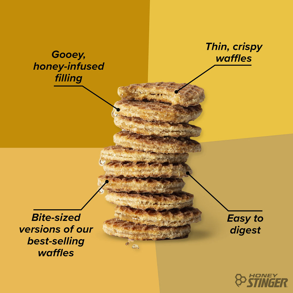 Honey Stinger cross-section view shows honey filling between thin waffles.