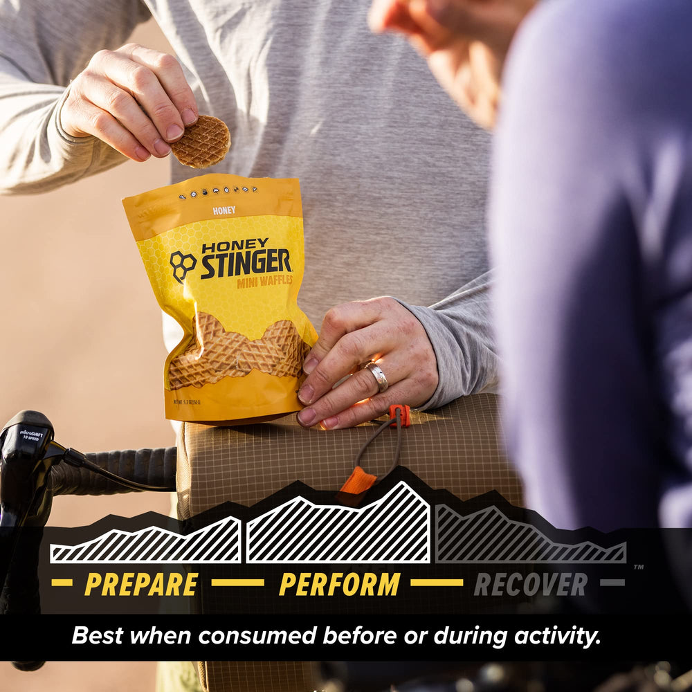 Honey Stinger mini waffles stacked, ready for a quick energy snack.