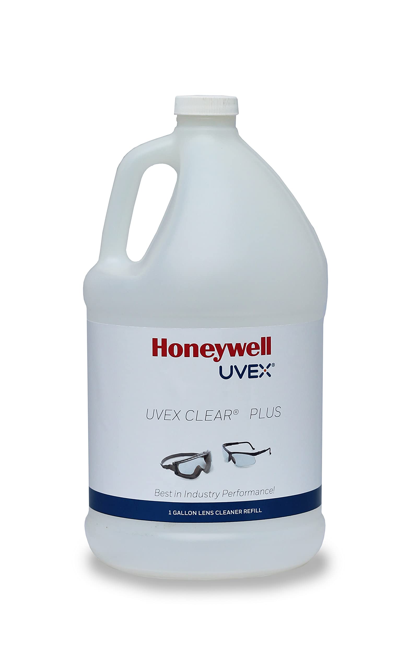 Honeywell Uvex Clear Plus lens cleaner refill bottle for streak-free optical clarity.