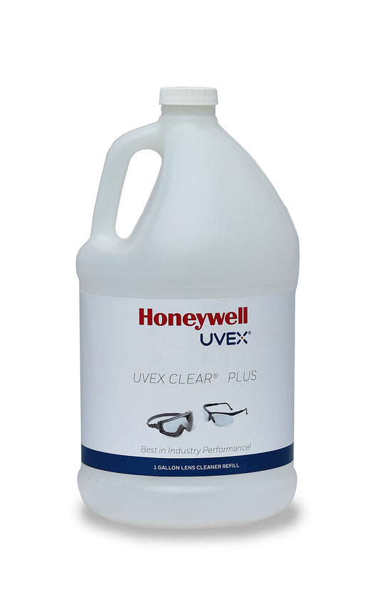 Honeywell Uvex Clear Plus lens cleaner refill bottle for streak-free optical clarity.