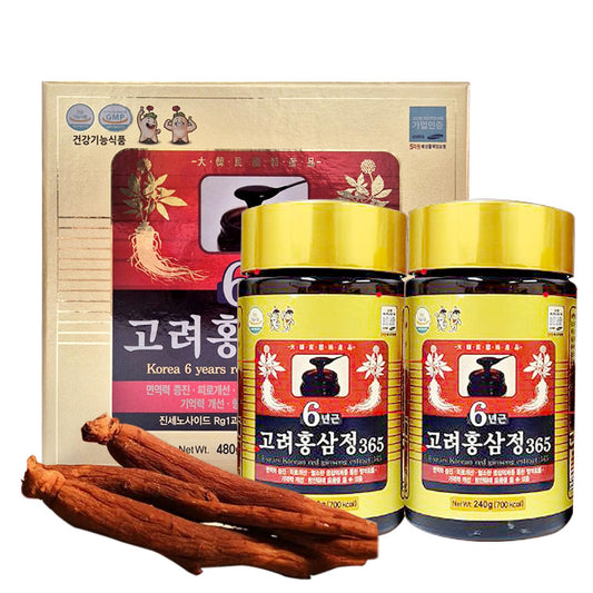 Hong Sam Jeong 6-year red ginseng bottle with gold extract label for daily wellness.