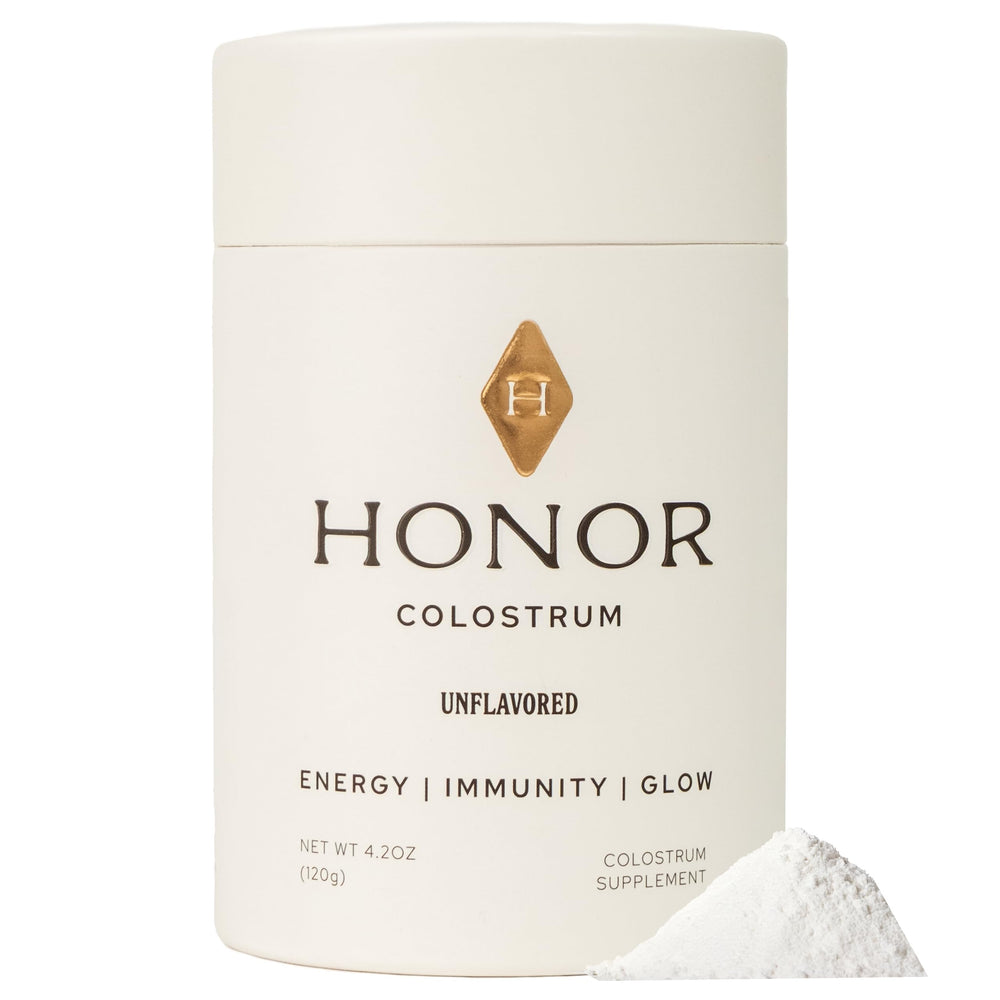 HONOR Supplements Colostrum powder bottle shows clean, unflavored nutrition for daily wellness.