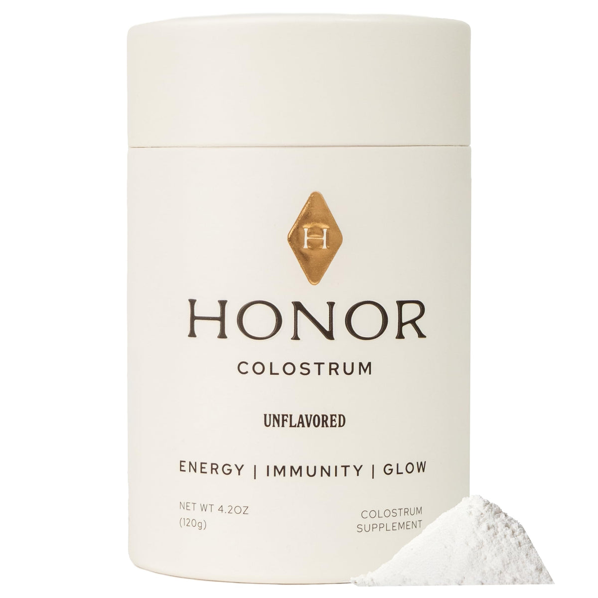 HONOR Supplements Colostrum powder bottle shows clean, unflavored nutrition for daily wellness.