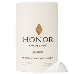 HONOR Supplements Colostrum powder bottle shows clean, unflavored nutrition for daily wellness.