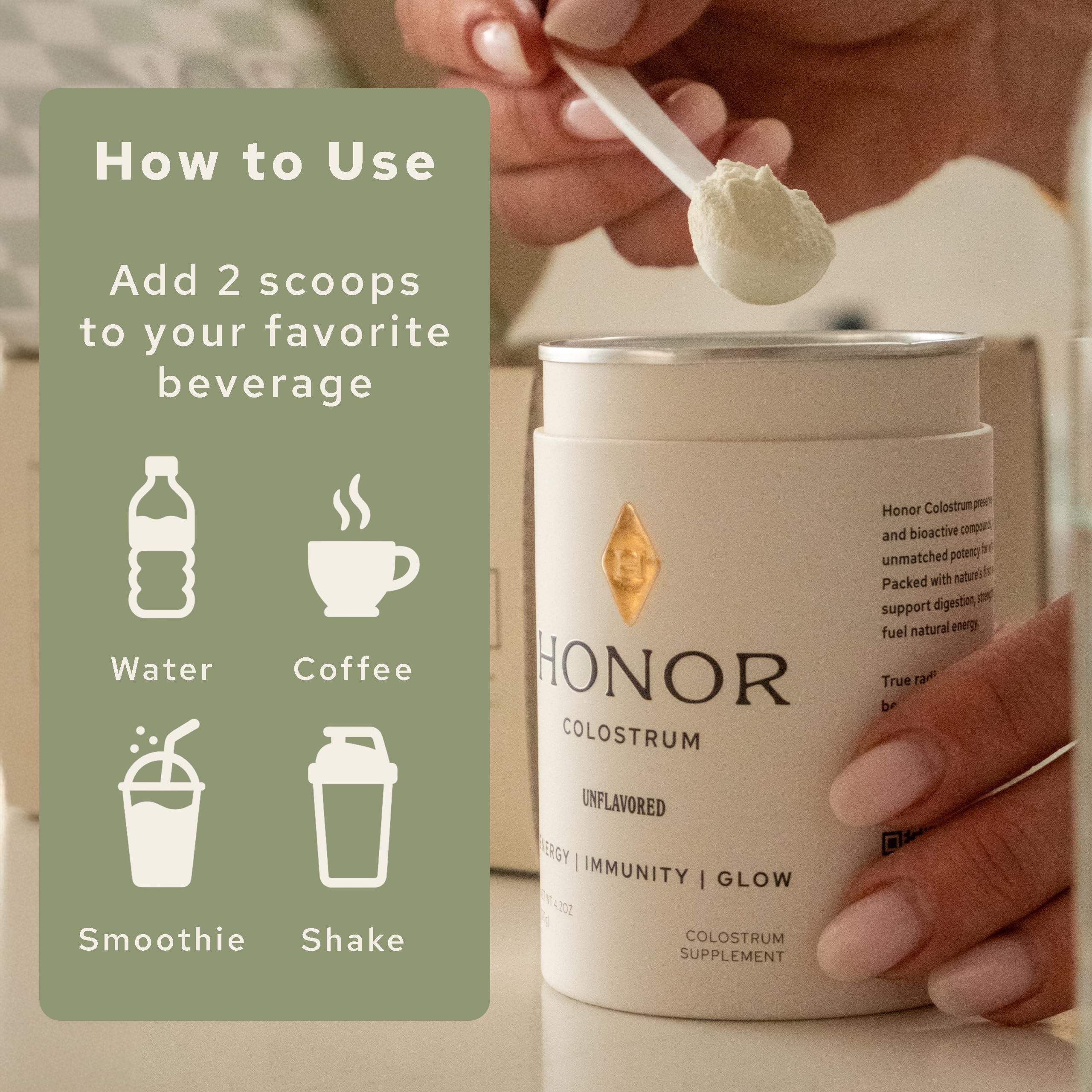 HONOR Supplements Colostrum powder texture close-up reveals fine, smooth powder texture.