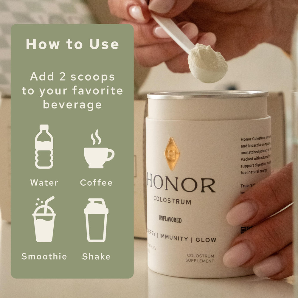 HONOR Supplements Colostrum powder texture close-up reveals fine, smooth powder texture.