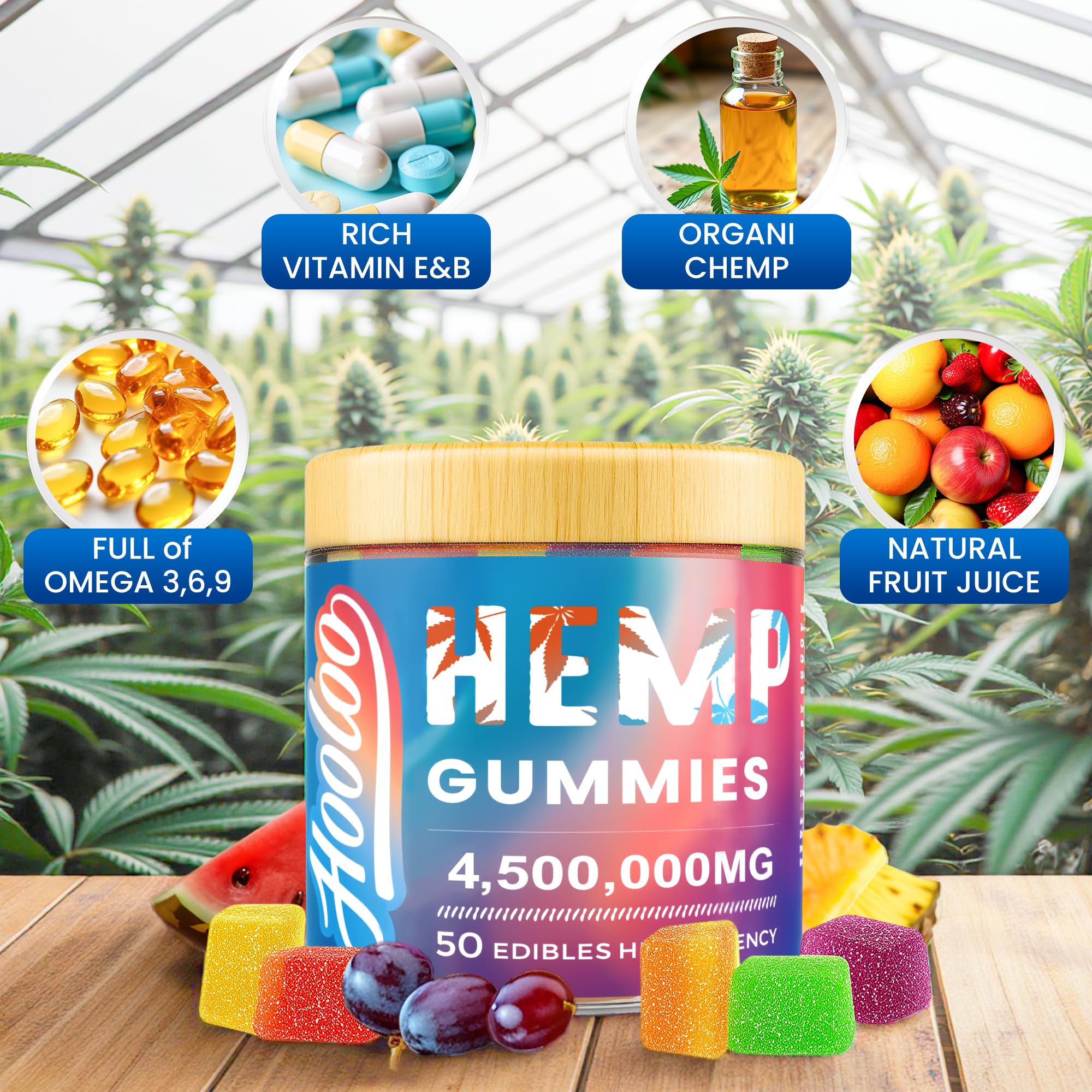 HOOLOO hemp gummies chewy texture closeup highlights delicious chewable experience.