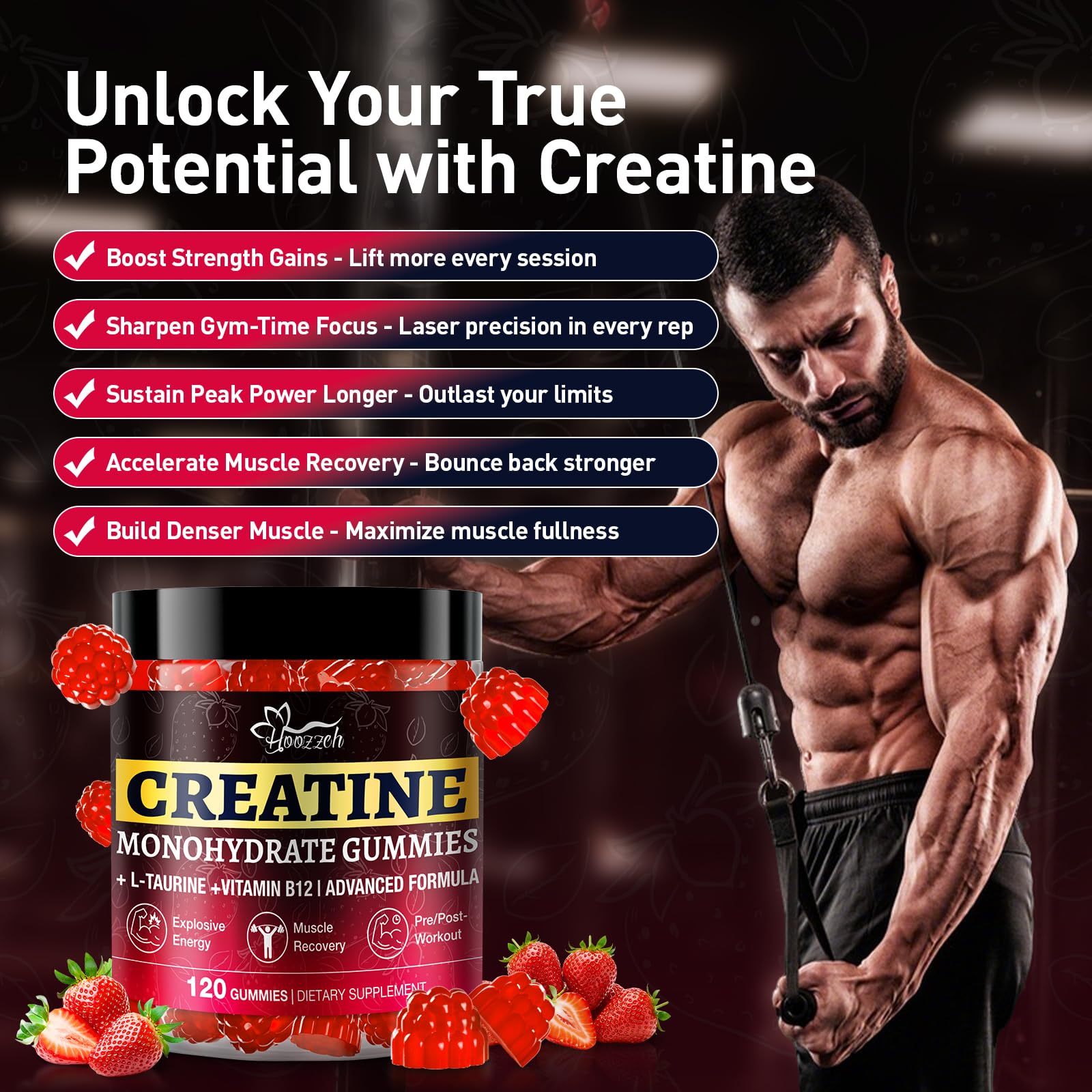 Hoozzch Creatine Gummies 120-count bottle signals long-term supply.