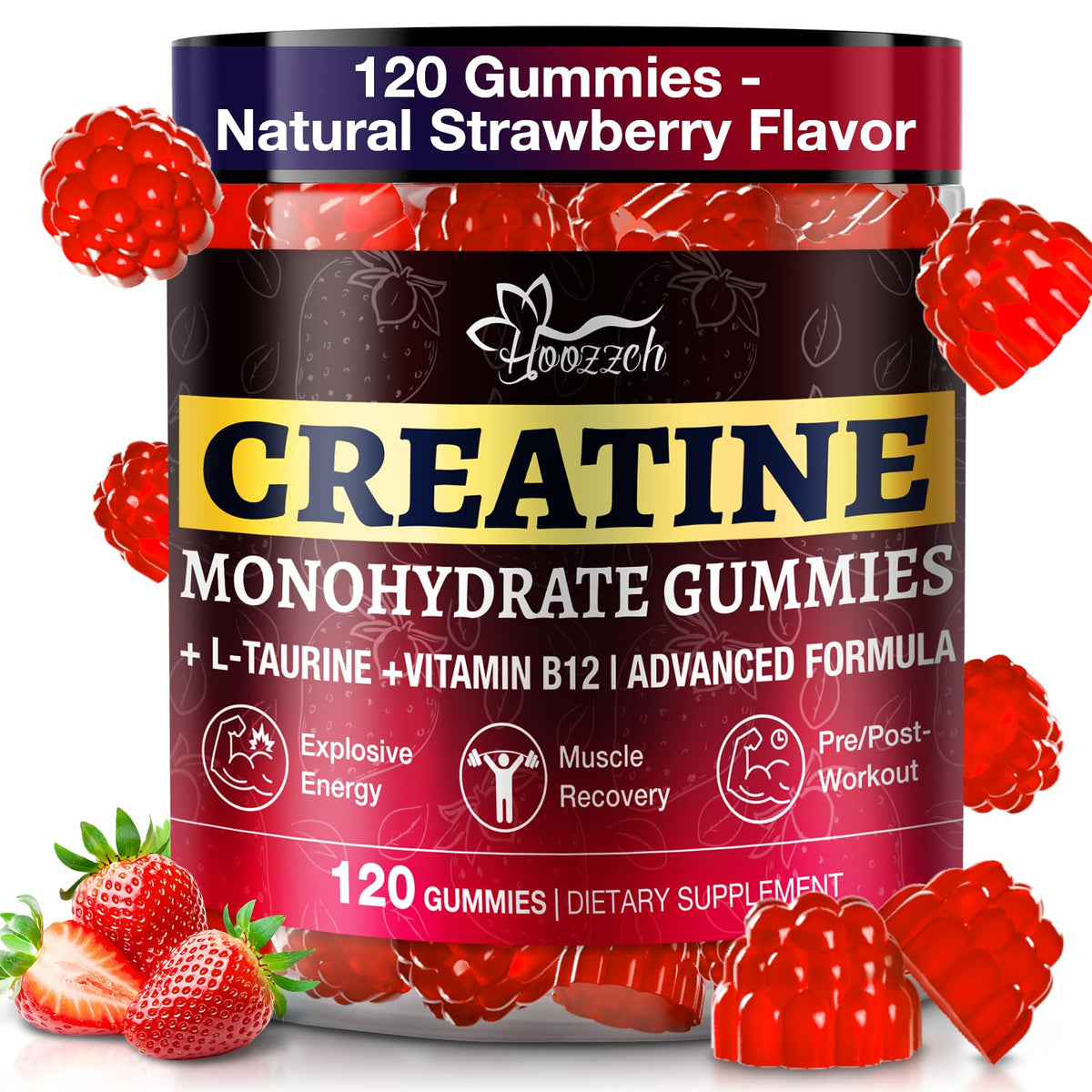 Hoozzch Creatine Gummies bottle-front view for convenient daily supplementation.