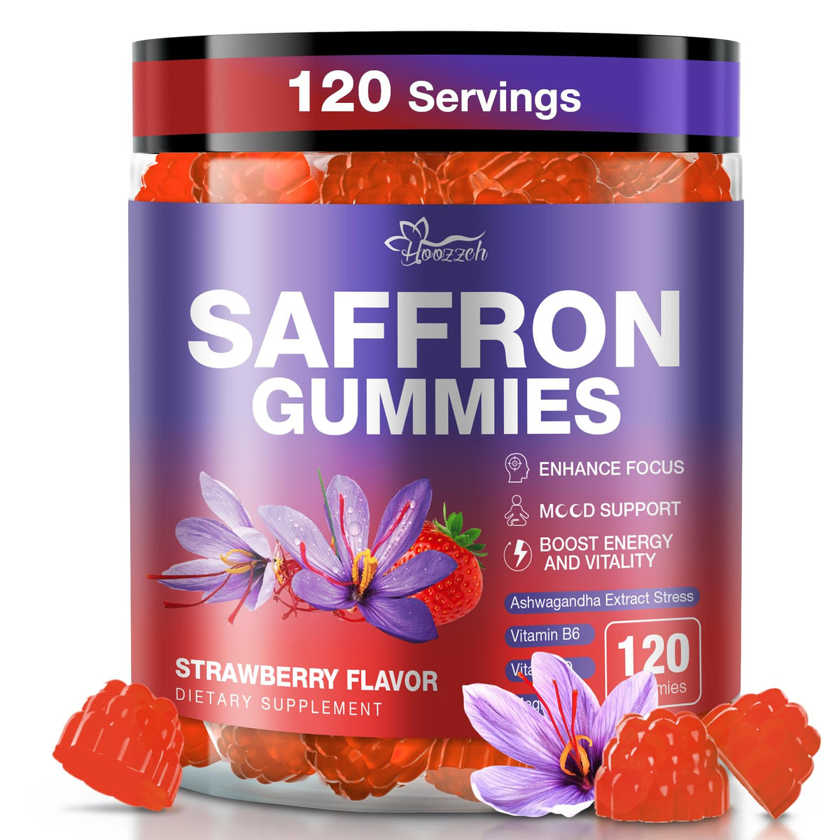 Hoozzch saffron gummies bottle close-up, convenient daily support for focus and mood