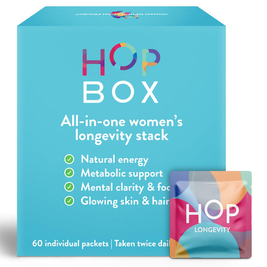 HOP Box Daily Longevity pack front highlighting a 30-day supply for energy and vitality.
