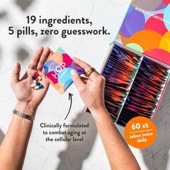 HOP Box Daily Longevity pack inside view shows 19 ingredients for balanced daily energy.