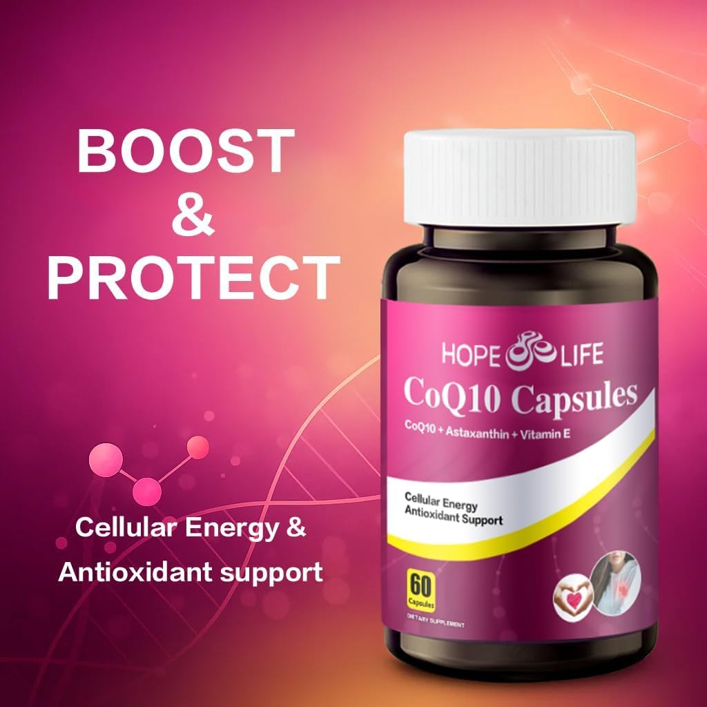 HOPE LIFE CoQ10 capsules pouring into hand illustrate easy daily use