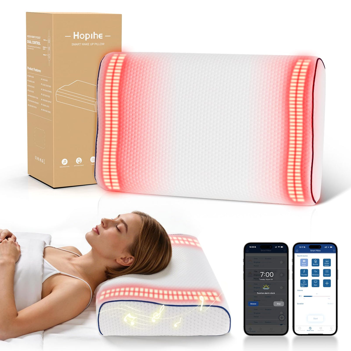 Hopihe Sunrise Pillow front view with gentle wake-up light for calmer mornings.
