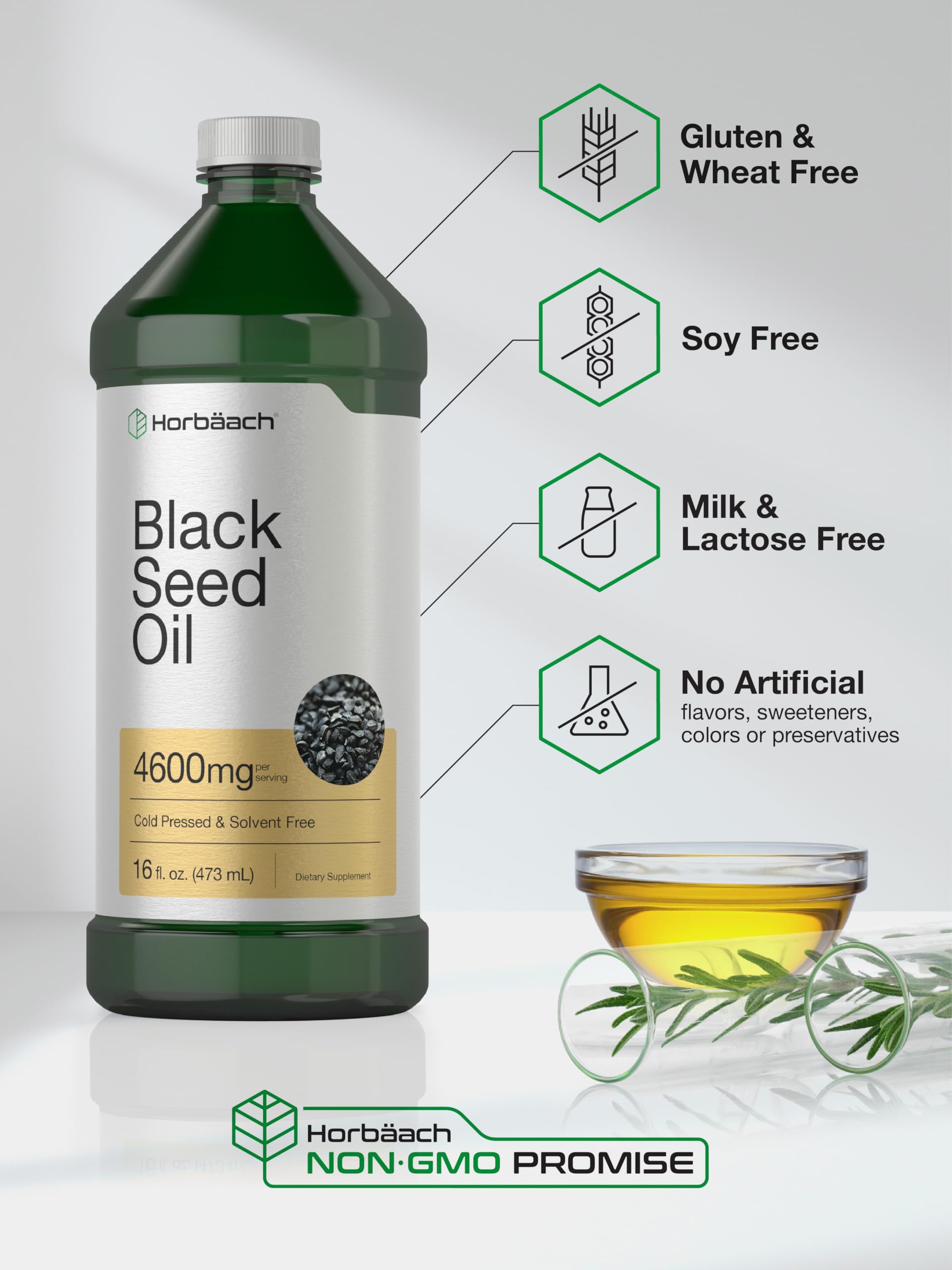 Horbäach Black Seed Oil dressing on salad showcases versatile culinary use.