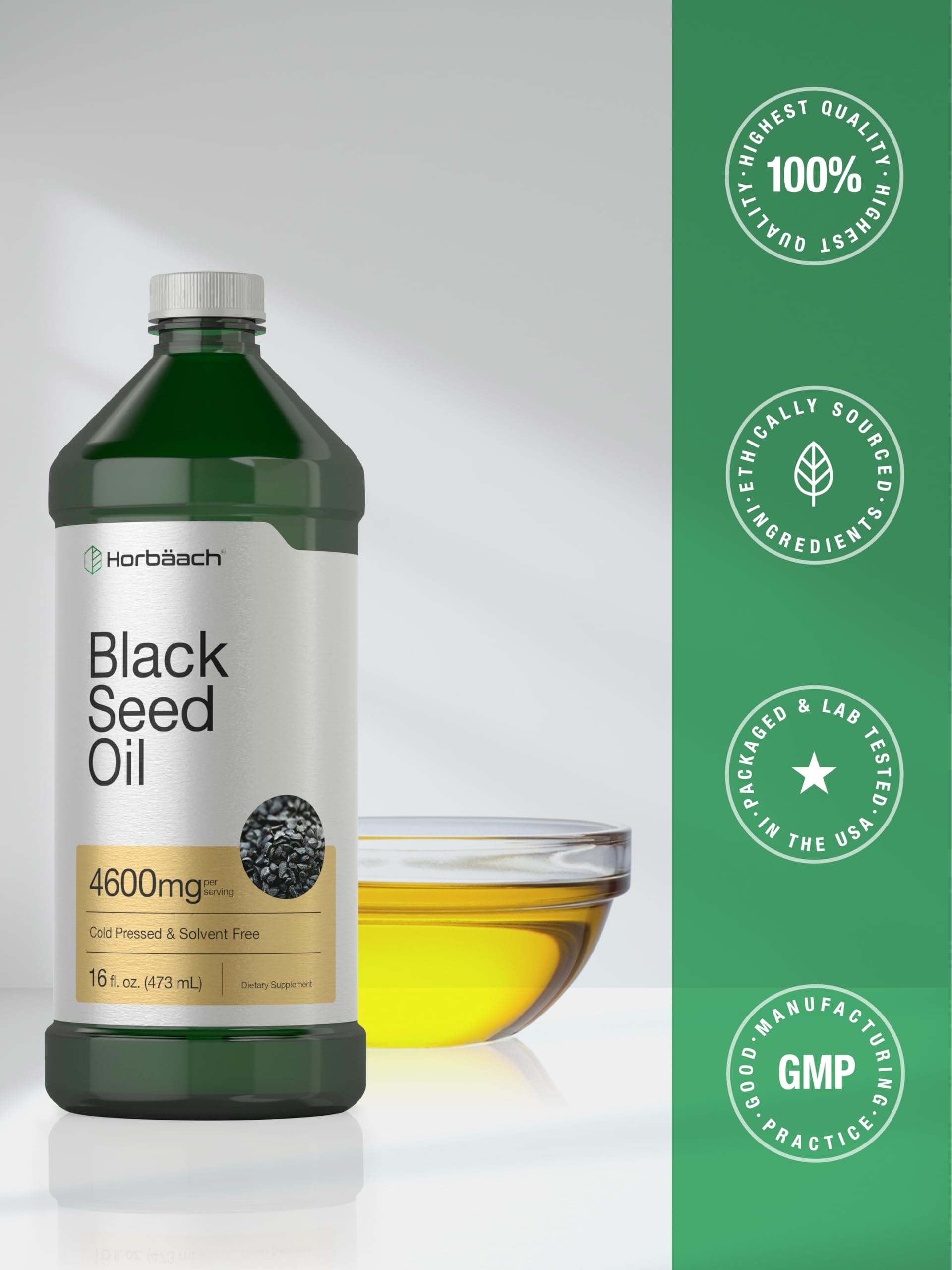 Horbäach Black Seed Oil ingredients panel confirms non-GMO and gluten-free formula.