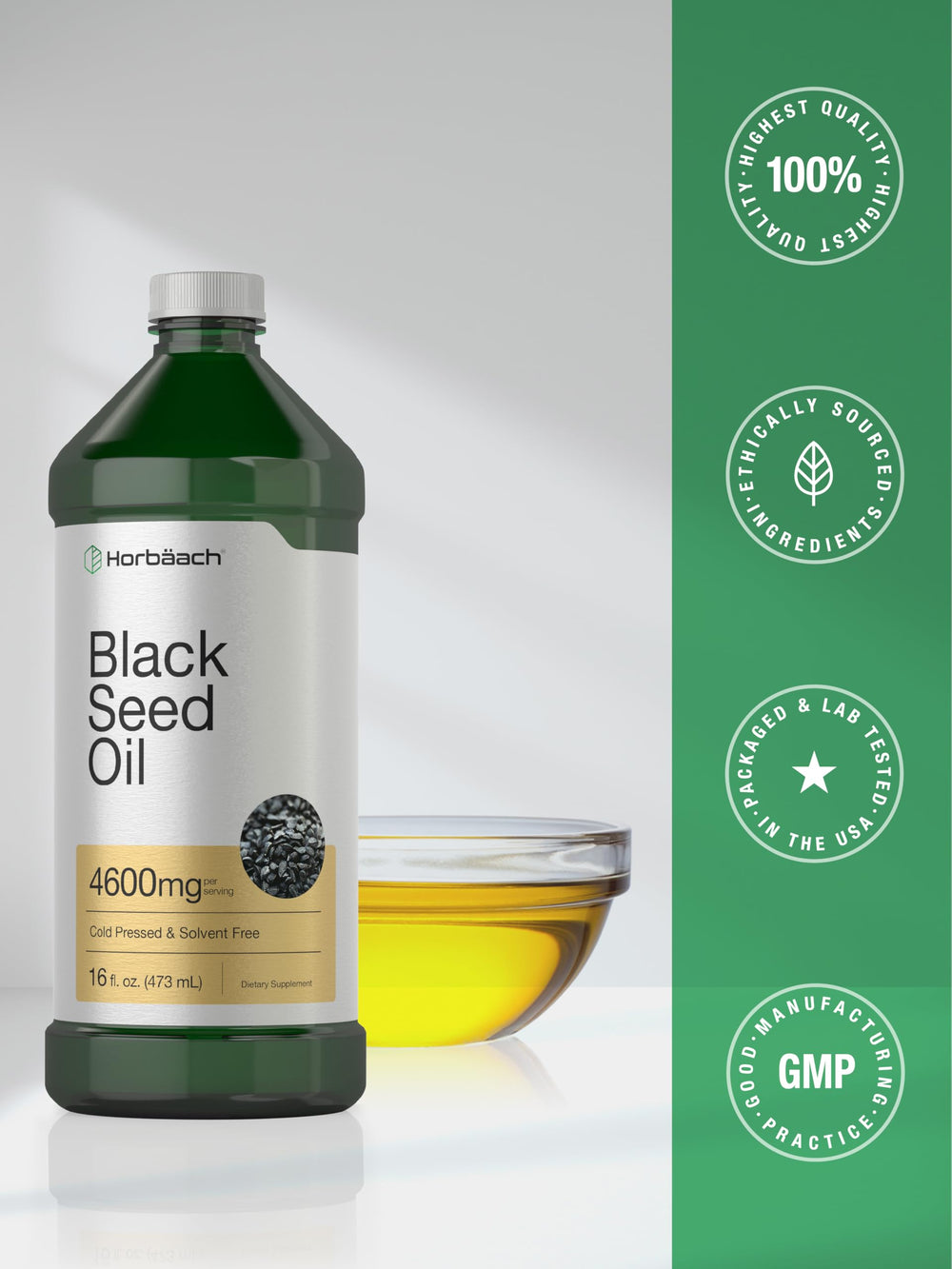 Horbäach Black Seed Oil ingredients panel confirms non-GMO and gluten-free formula.