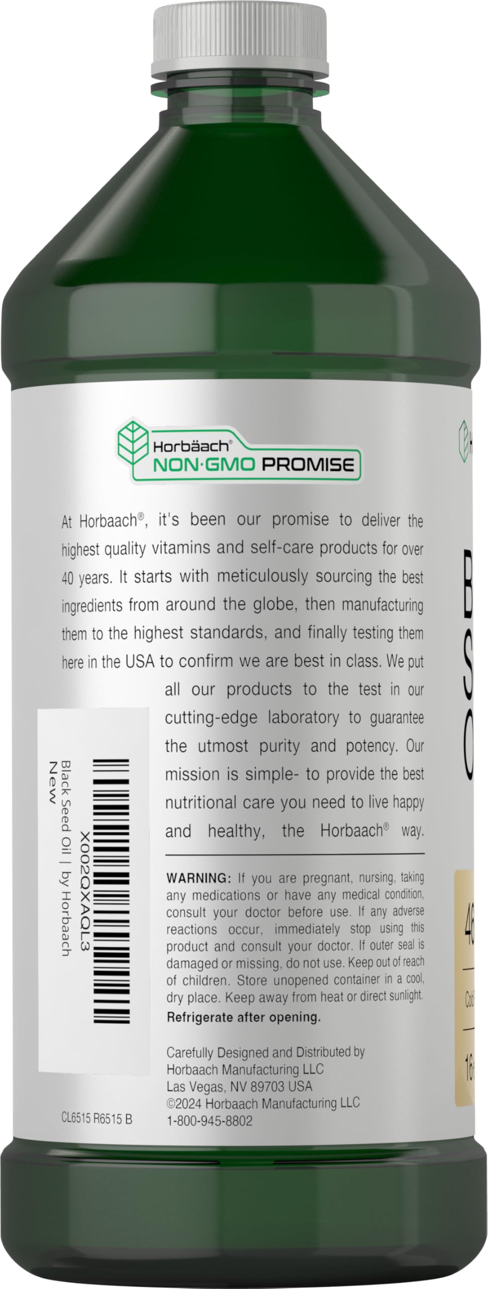 Horbäach Black Seed Oil label close-up shows solvent-free, pure extraction.