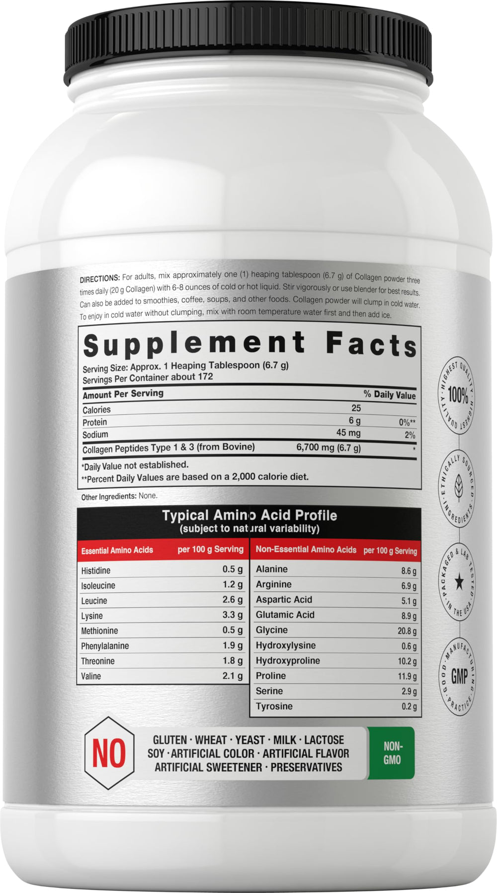 Horbaach Collagen Peptides tub close-up with grass-fed types I and III highlighted.