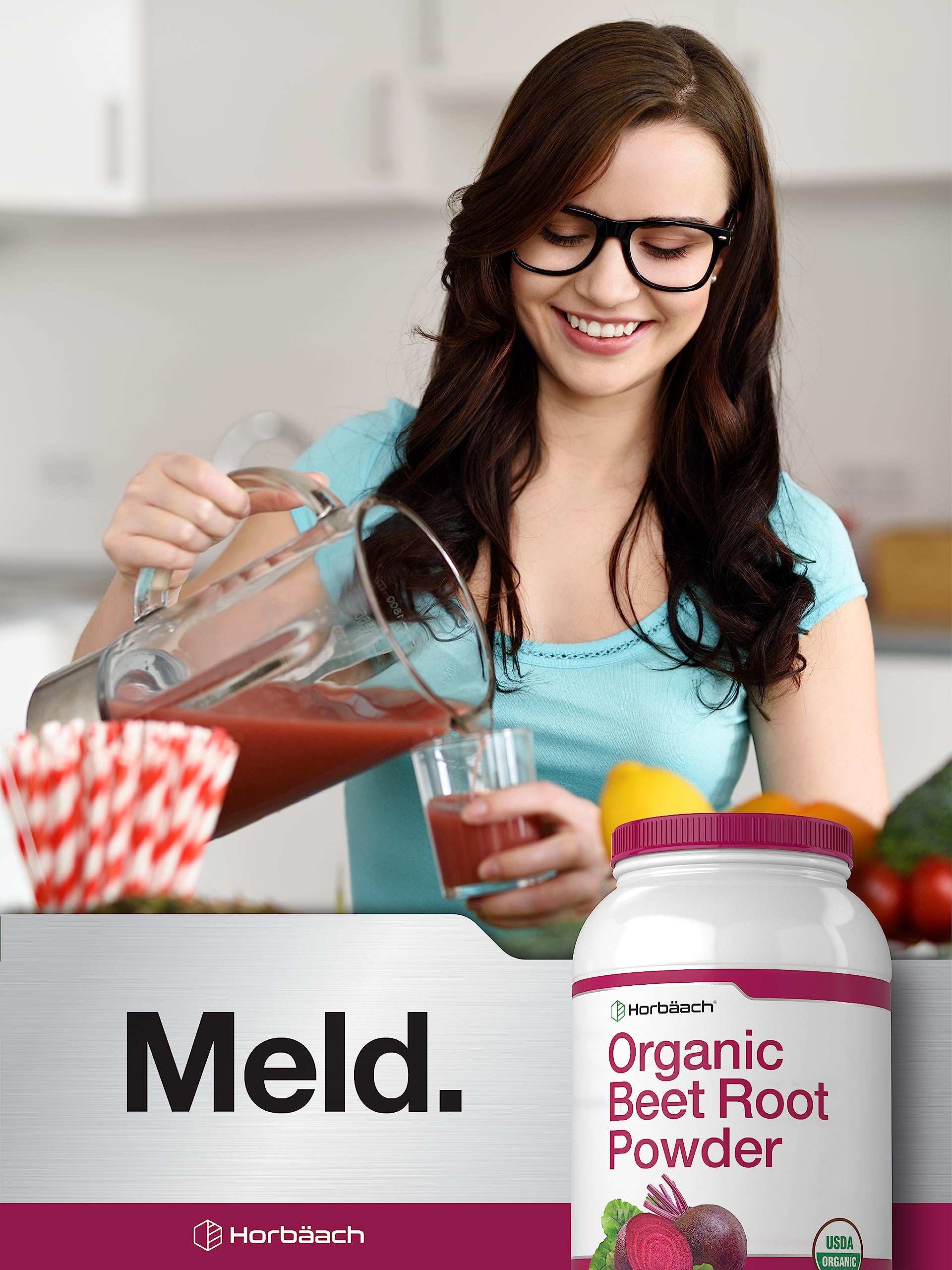 Horbäach gluten-free non-GMO label on beet root powder bottle