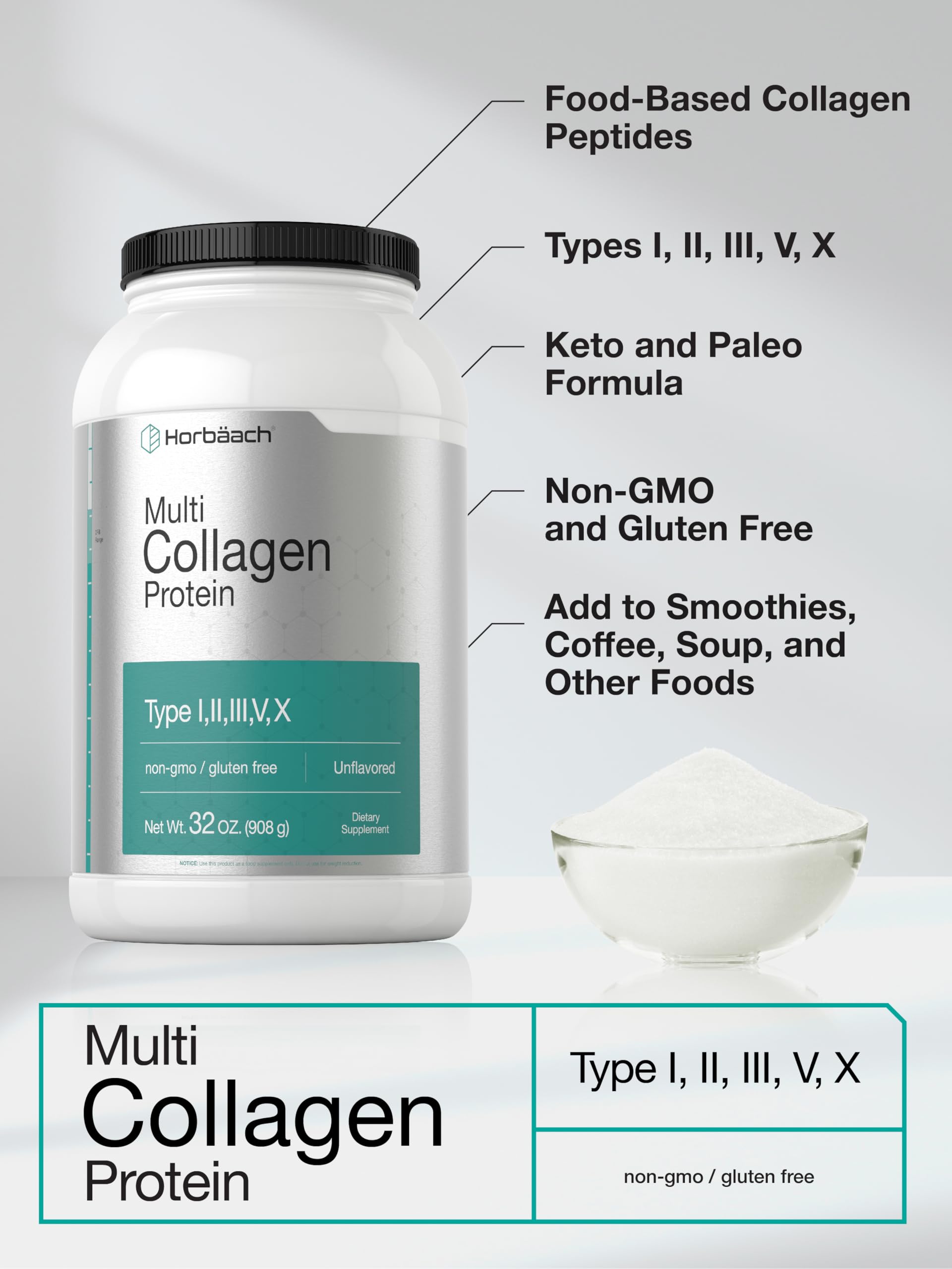 Horbaach gluten-free collagen powder bottle highlights a gluten-free option