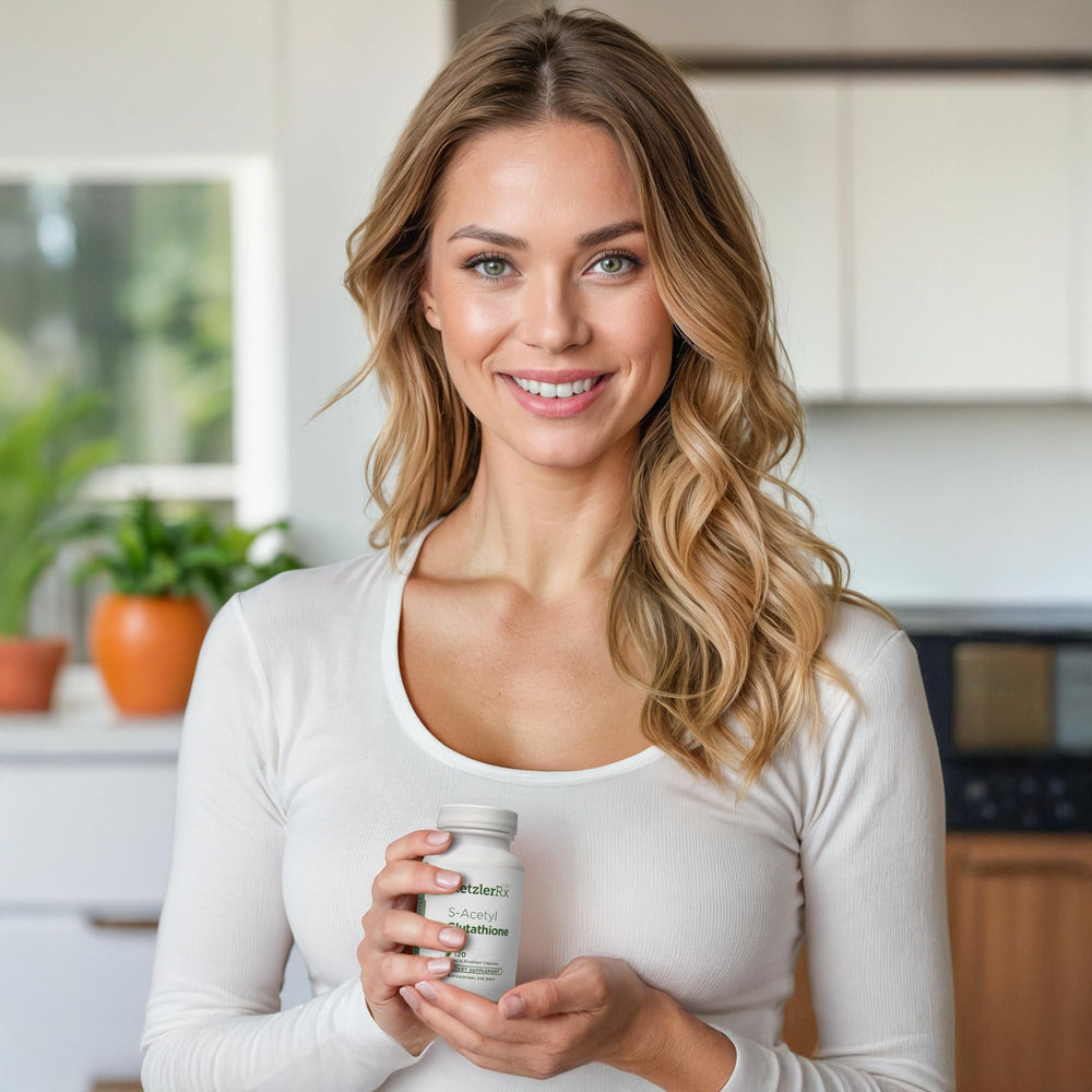 Bergaflow pharmaceutical-grade badge on HormoneSynergy glutathione bottle