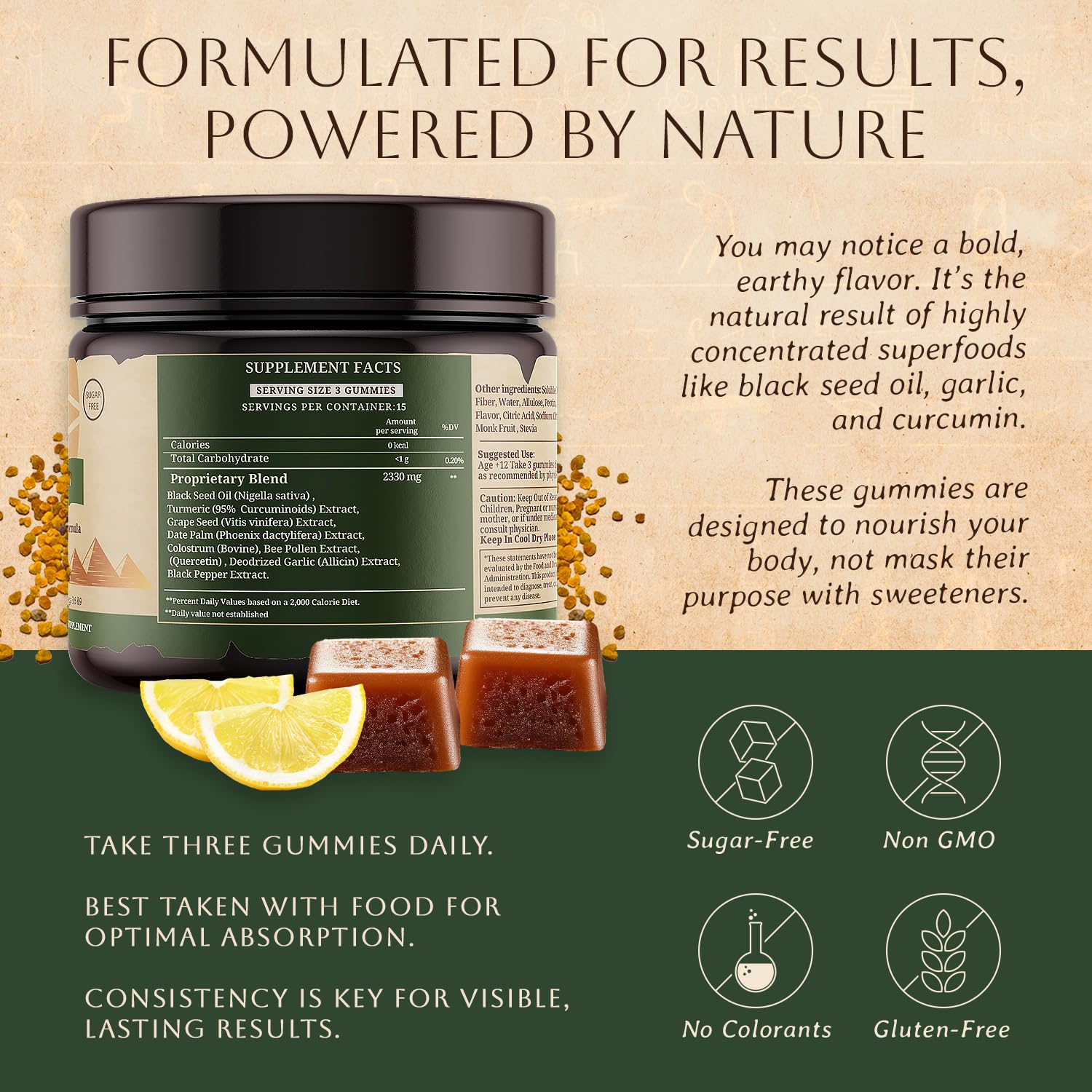 Pouring Horus Quintessence Elixir gummies from the bottle for an easy daily ritual