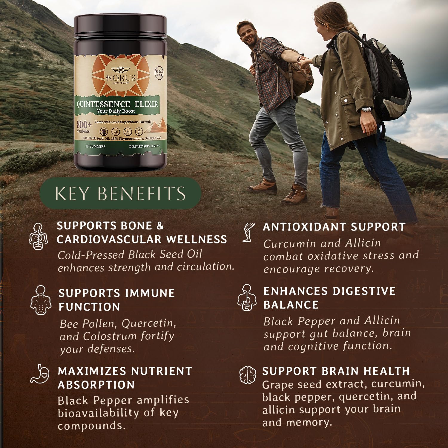 Ingredients label highlighting black seed oil, bee pollen, and date palm extract