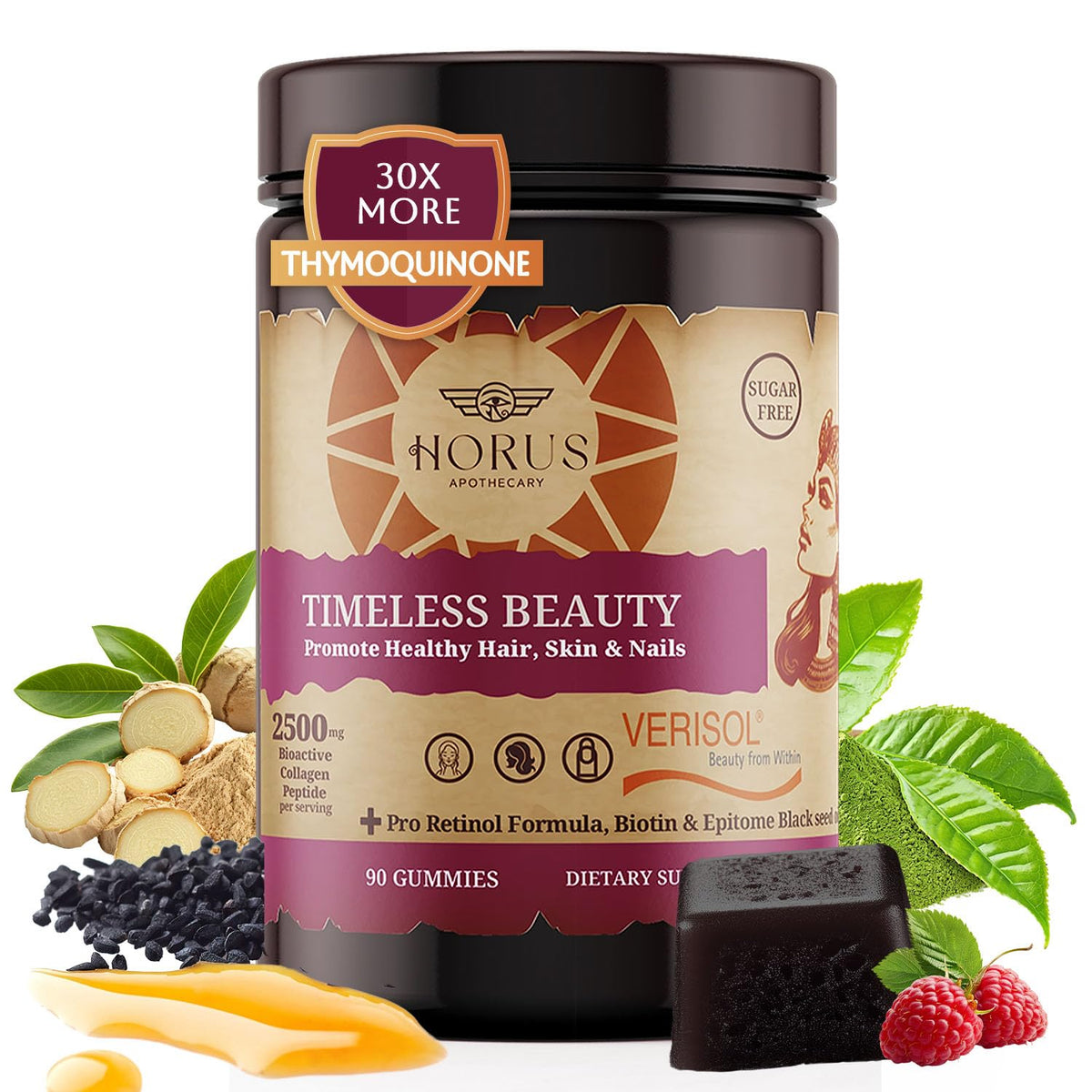 Horus Timeless Beauty bottle front showing sugar-free collagen gummies for skin support.