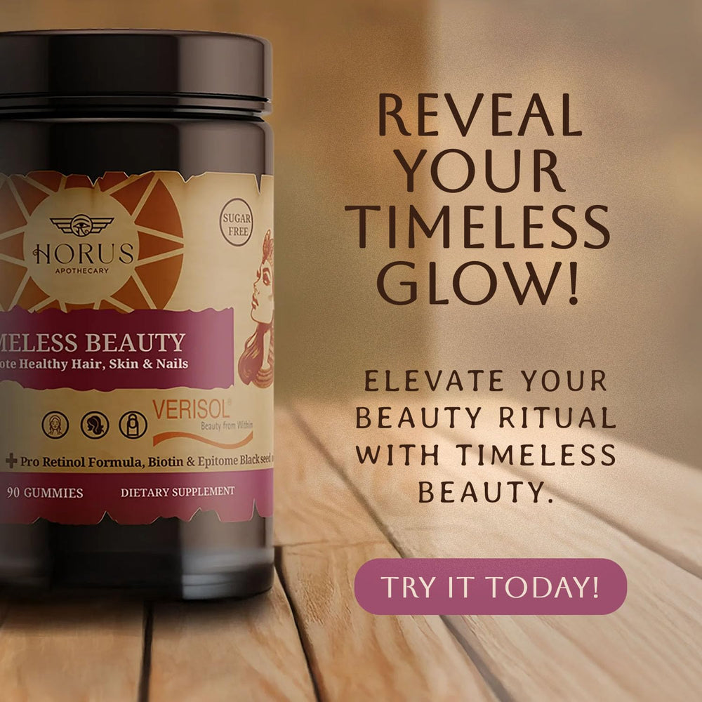 Lifestyle shot of Horus Timeless Beauty daily routine with glowing complexion.