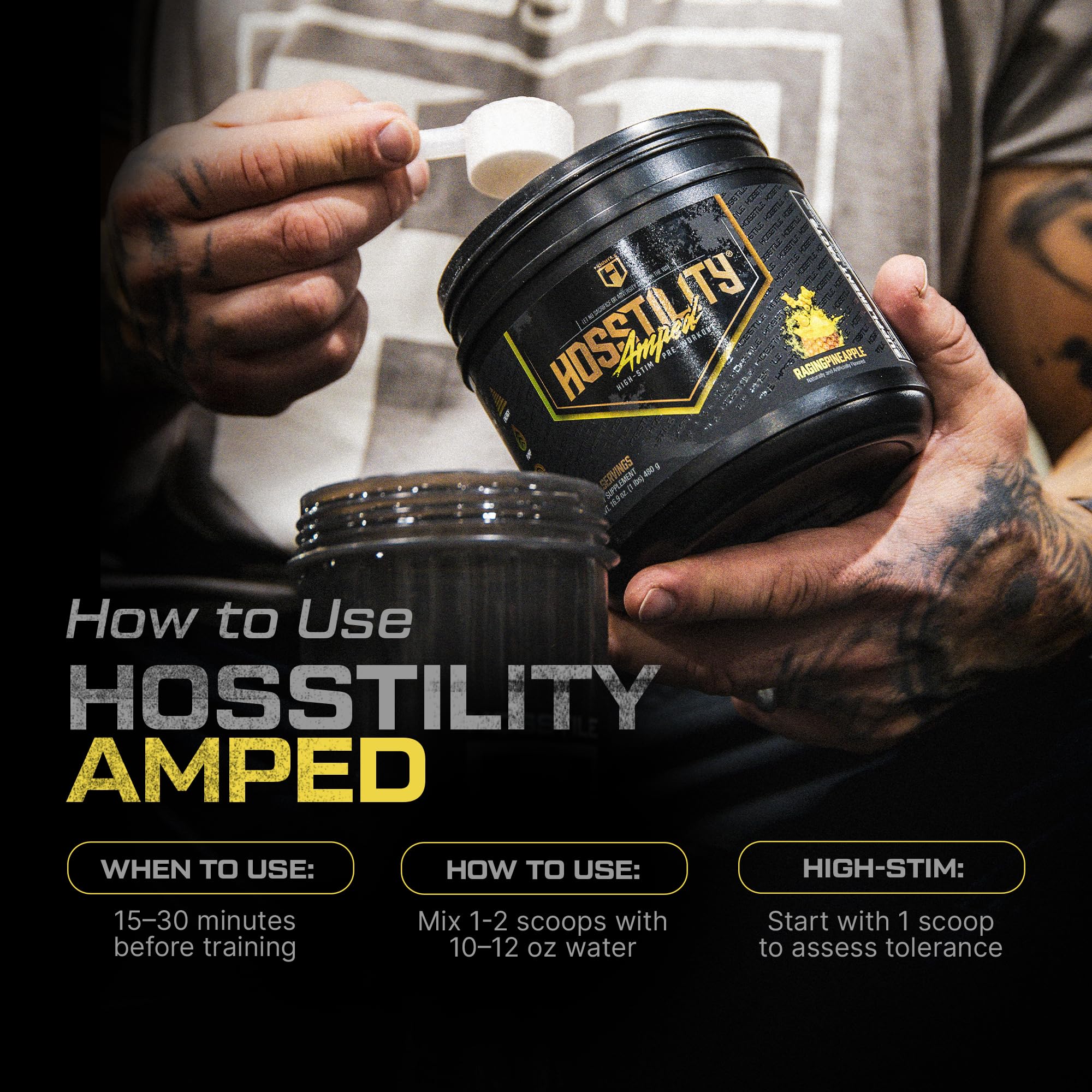 HOSSTILE Amped ingredient back view showing Citrulline and Beta-Alanine benefits.