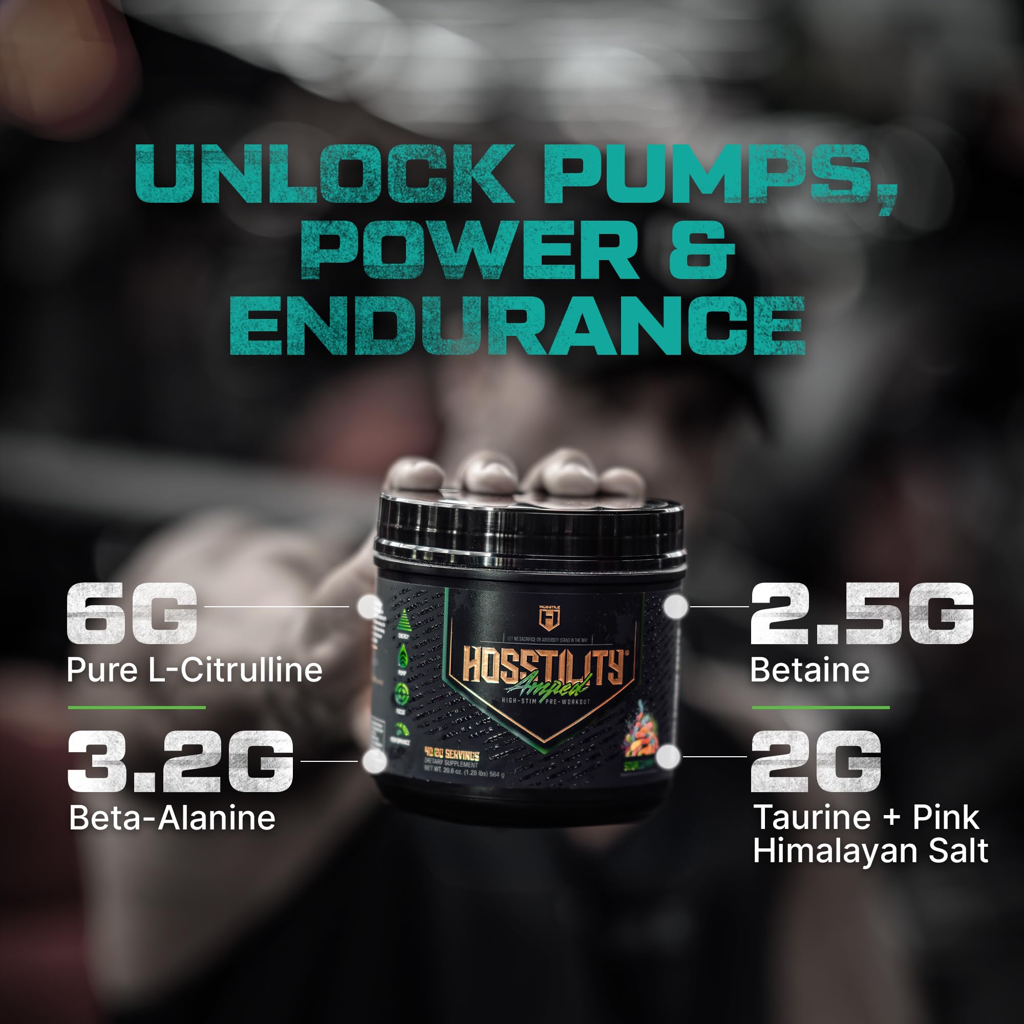 Hosstile Amped label detail highlights caffeine amount and key ingredients.