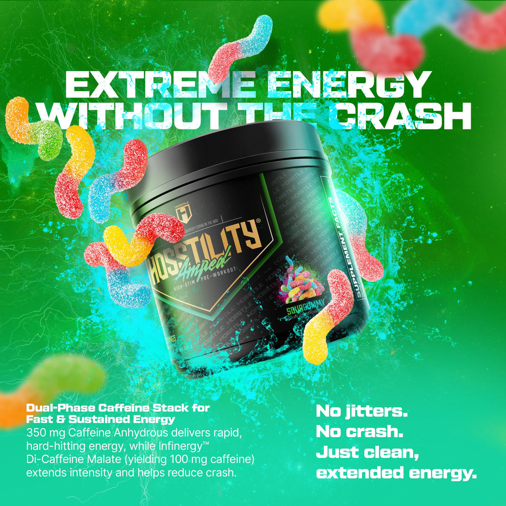 Hosstile Amped powder in glass suggests vibrant sour gummy flavor.