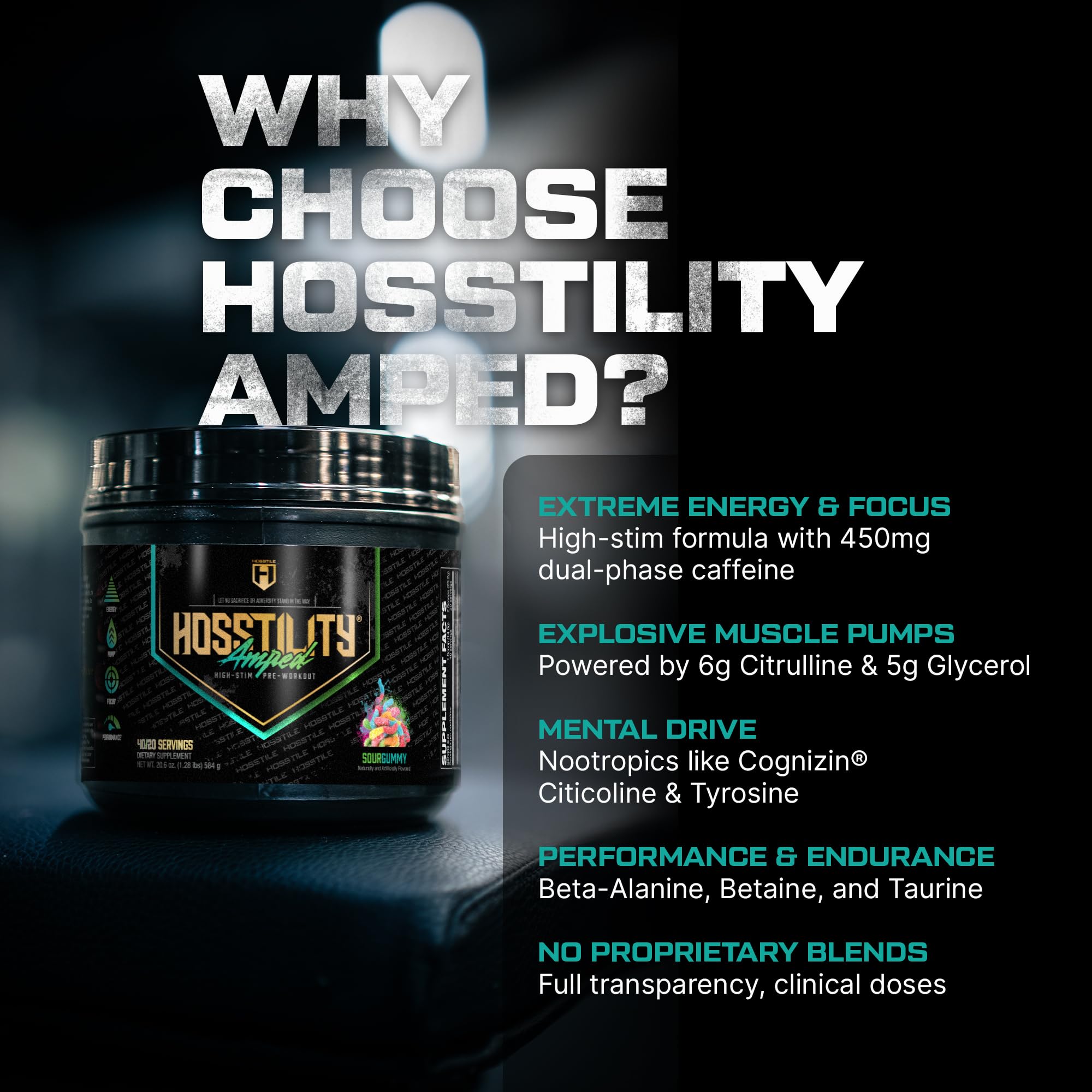 Hosstile Amped scoop-dispense demonstrates quick pre-workout mixing.