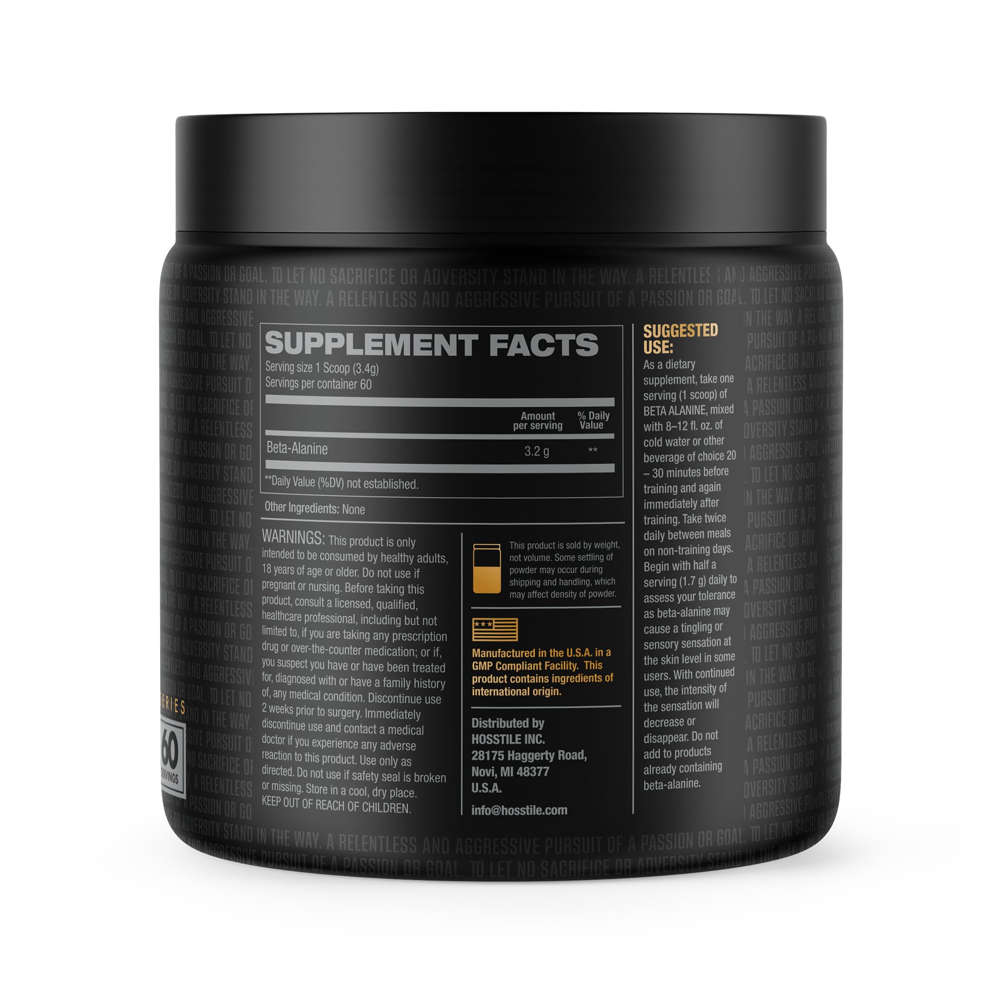 HOSSTILE Beta-Alanine powder ingredients list emphasizes clean, non-GMO profile.