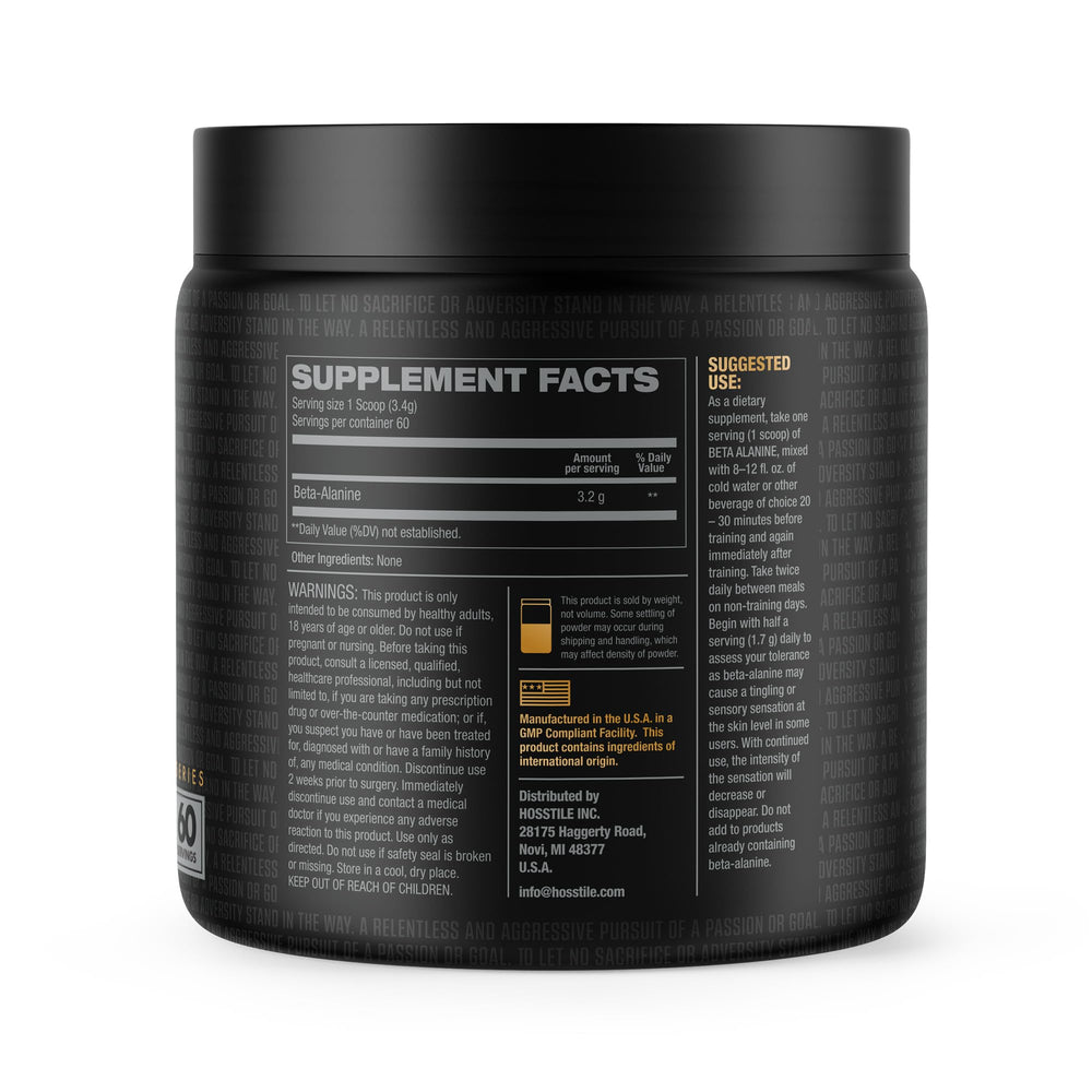 HOSSTILE Beta-Alanine powder ingredients list emphasizes clean, non-GMO profile.