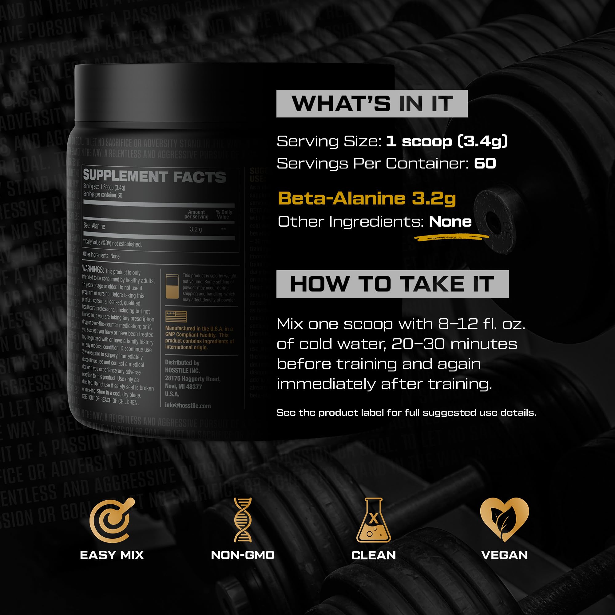 HOSSTILE Beta-Alanine powder label highlights pure ingredients.