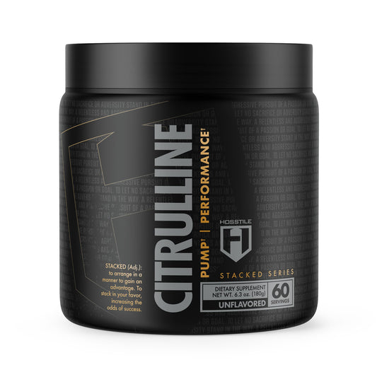 HOSSTILE Citrulline fermented powder bottle pour enhances workout nitric oxide support.