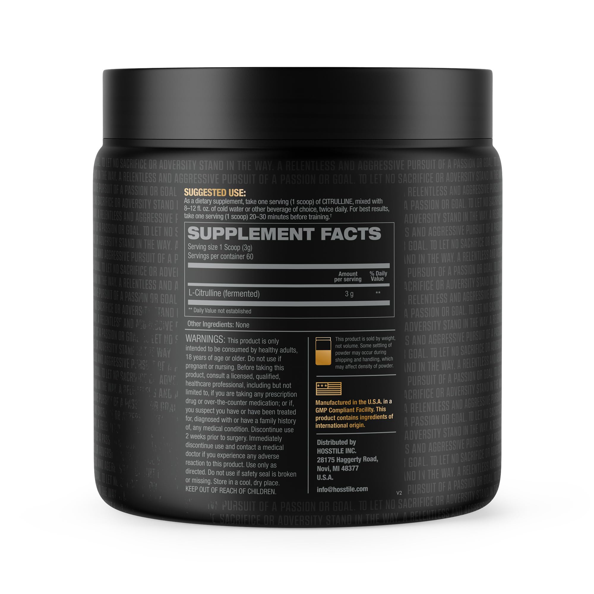 HOSSTILE Citrulline powder dissolves in water for easy mixing.