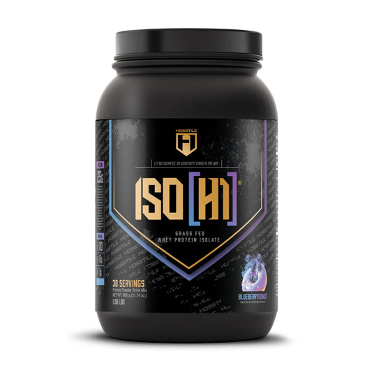 HOSSTILE ISO grass-fed whey bottle pour supports post-workout protein intake.