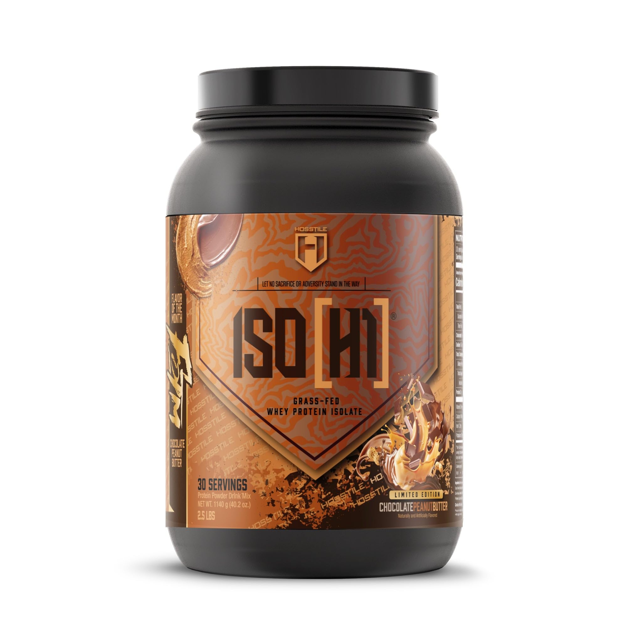 Hosstile ISO grass-fed whey isolate pour showing rich chocolate peanut butter flavor for post-workout recovery.