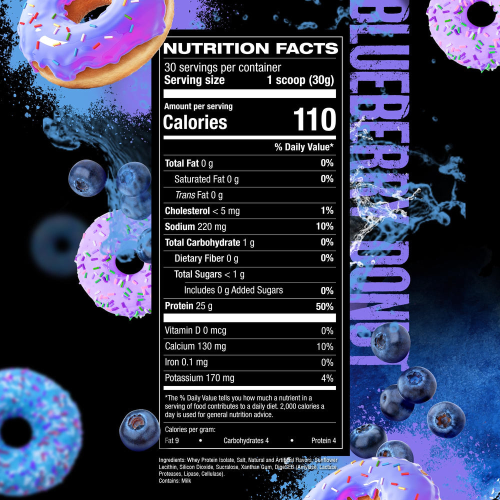 HOSSTILE ISO blue blueberry donut flavor indicating tasty nutrition shake.