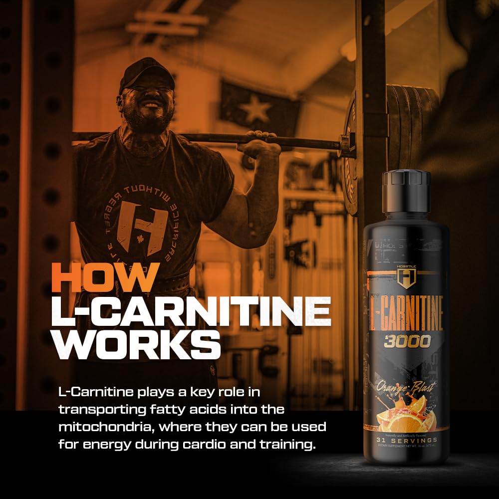 HOSSTILE Liquid L-Carnitine orange blast bottle on ice with refreshing energy cue