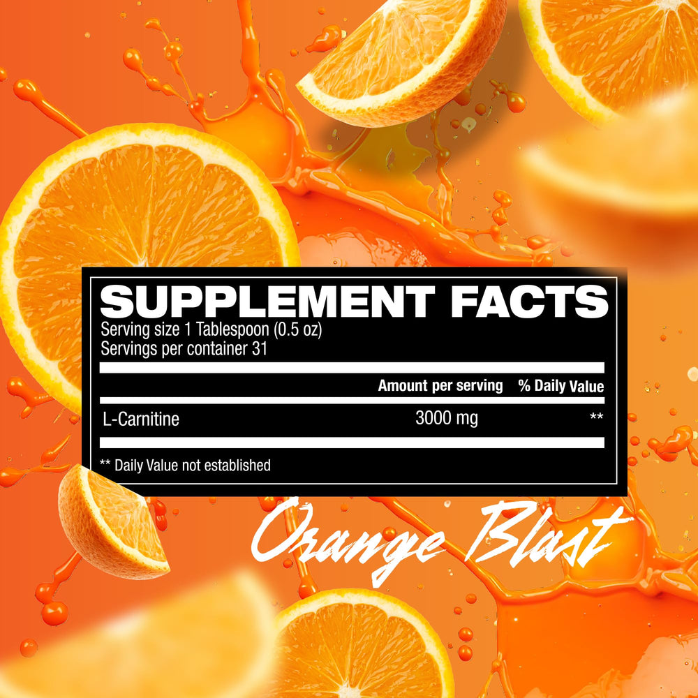 HOSSTILE Liquid L-Carnitine orange blast nutrition label with 3,000 mg per serving