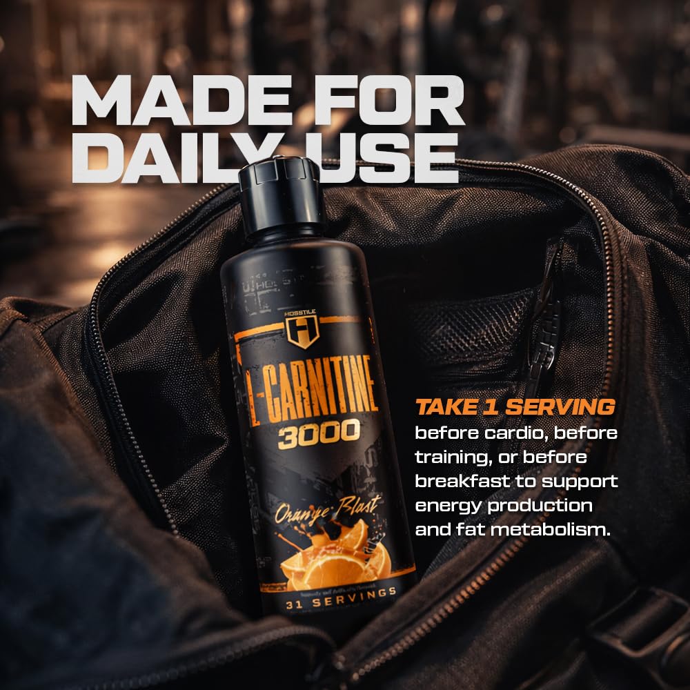 HOSSTILE Liquid L-Carnitine orange blast scene showing preworkout energy support